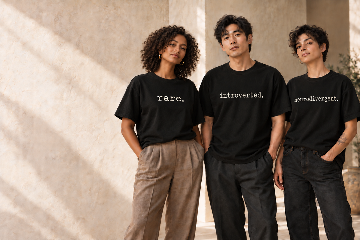 AI-generated concept imagery of adults wearing black Adj tees with ivory lettering.