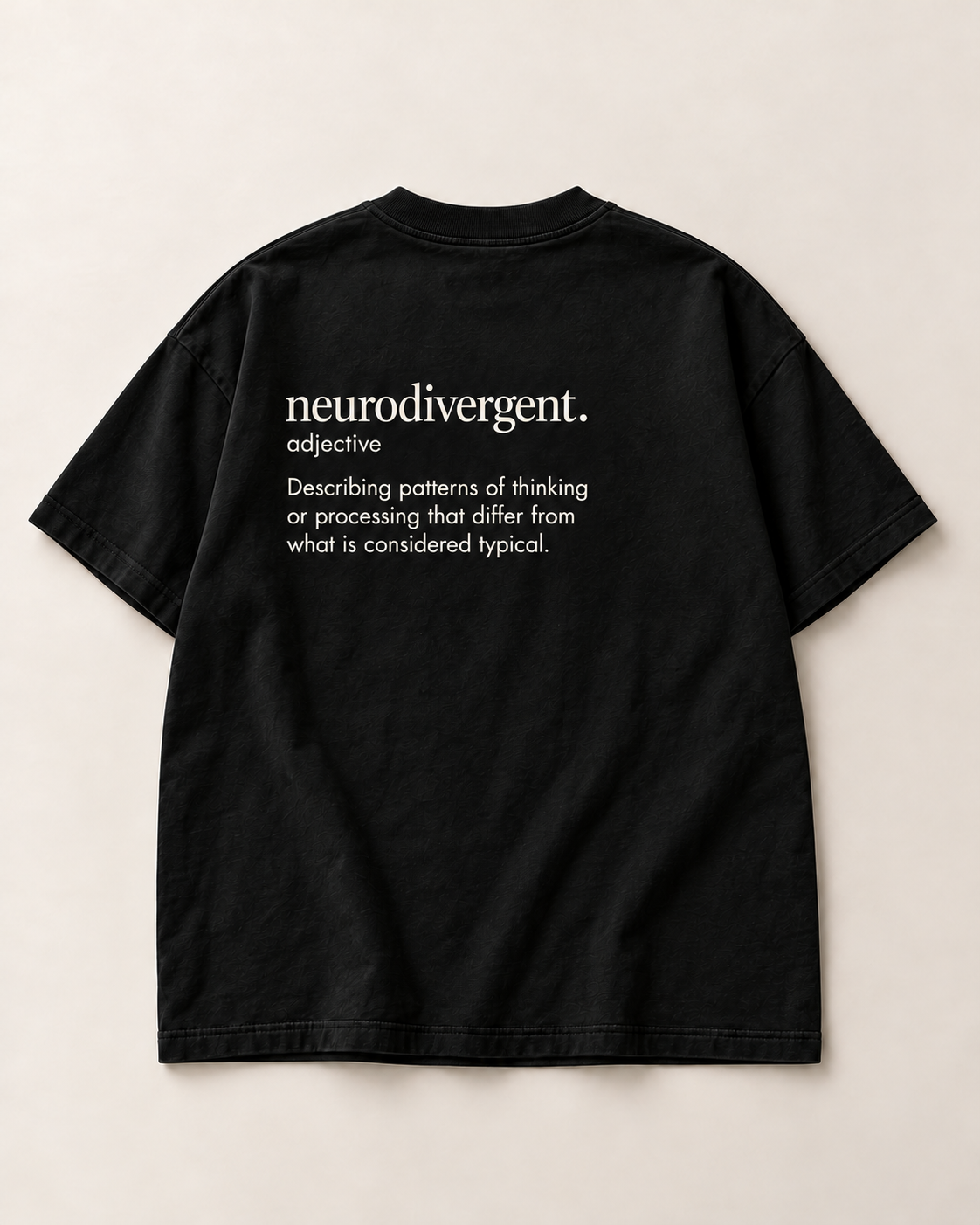 neurodivergent. black Adj tee back design concept with dictionary-style definition — not a physical sample
