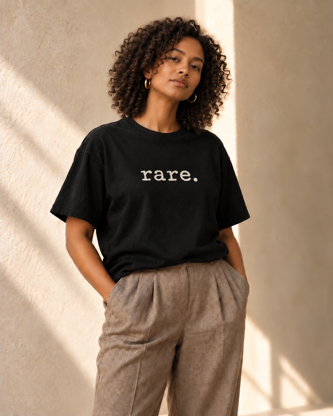 Concept image of an adult model wearing a black Adj tee reading rare. in ivory lowercase textured typewriter lettering; not a physical product sample.