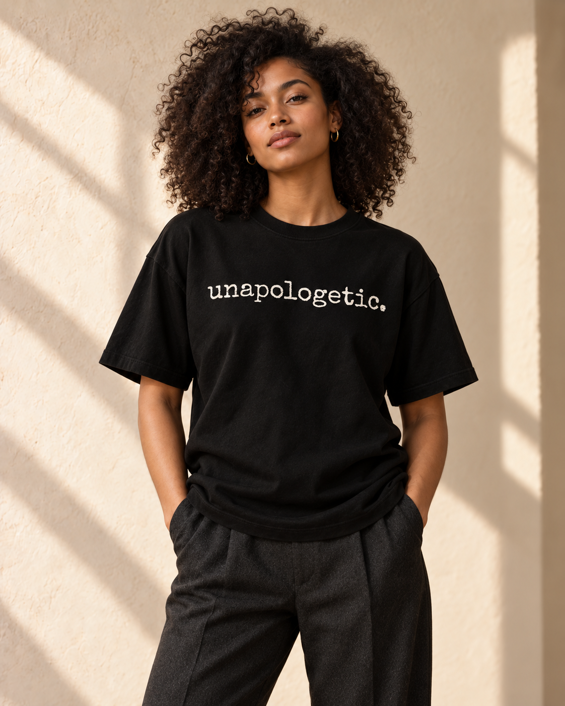 unapologetic. black Adj heavyweight tee front digital styling mockup — not a physical sample