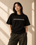 unbothered. black Adj heavyweight tee front digital styling mockup — not a physical sample