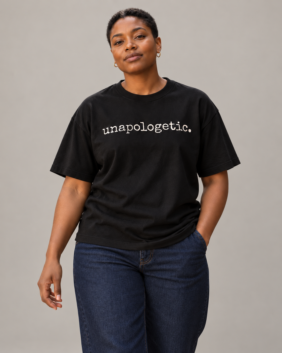 unapologetic. black Wear Adj heavyweight tee front digital styling mockup — not a physical sample